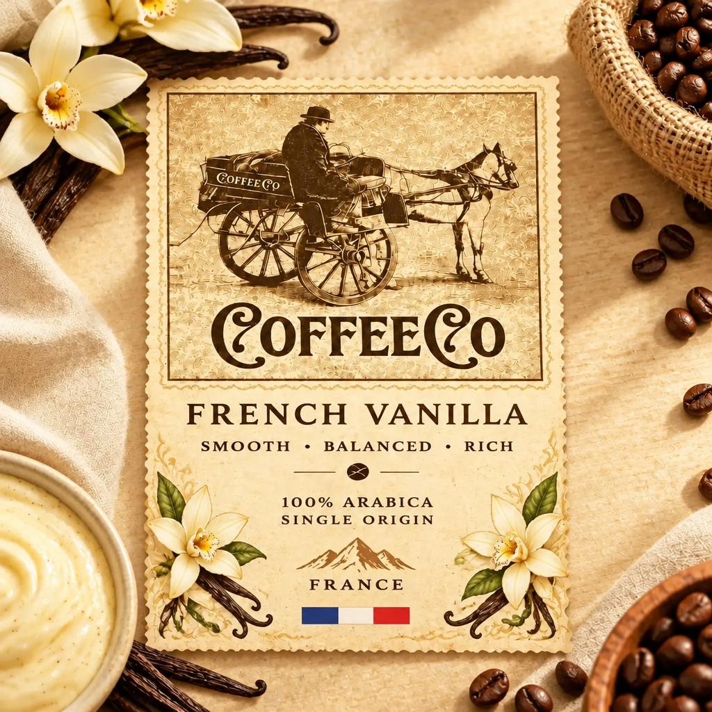 A vintage-style coffee package label reading Coffee Co French Vanilla, styled on a warm beige surface with coffee beans, vanilla beans, flowers, and a cup of creamy coffee.
